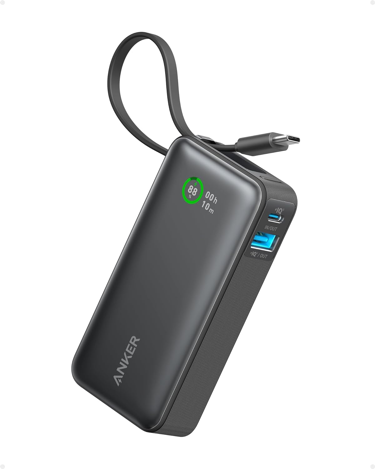 Nano Power Bank, 10,000Mah Portable Charger with Built-In USB-C Cable, 30W Recharging, 30W Max Output with USB-C&A, for Iphone 17/16 / 15 Series, Macbook, Galaxy, Airpods, and More