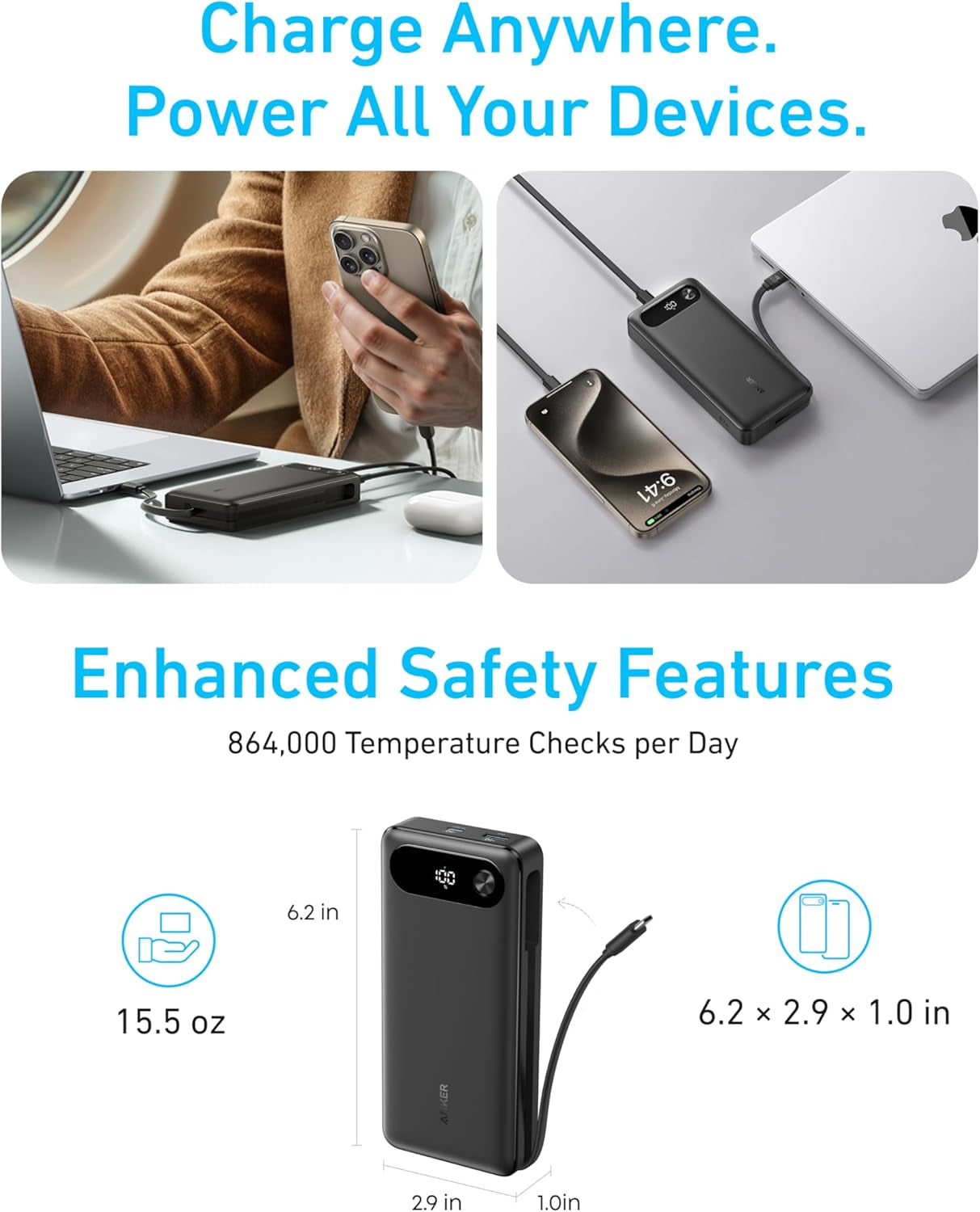 Anker Power Bank, 20,000Mah Travel Essential Portable Charger with Built-In USB-C Cable, 3-Port 87W Max Fast Charging Battery Pack, for Macbook, Iphone 16/15 Series, Samsung, Switch, and More