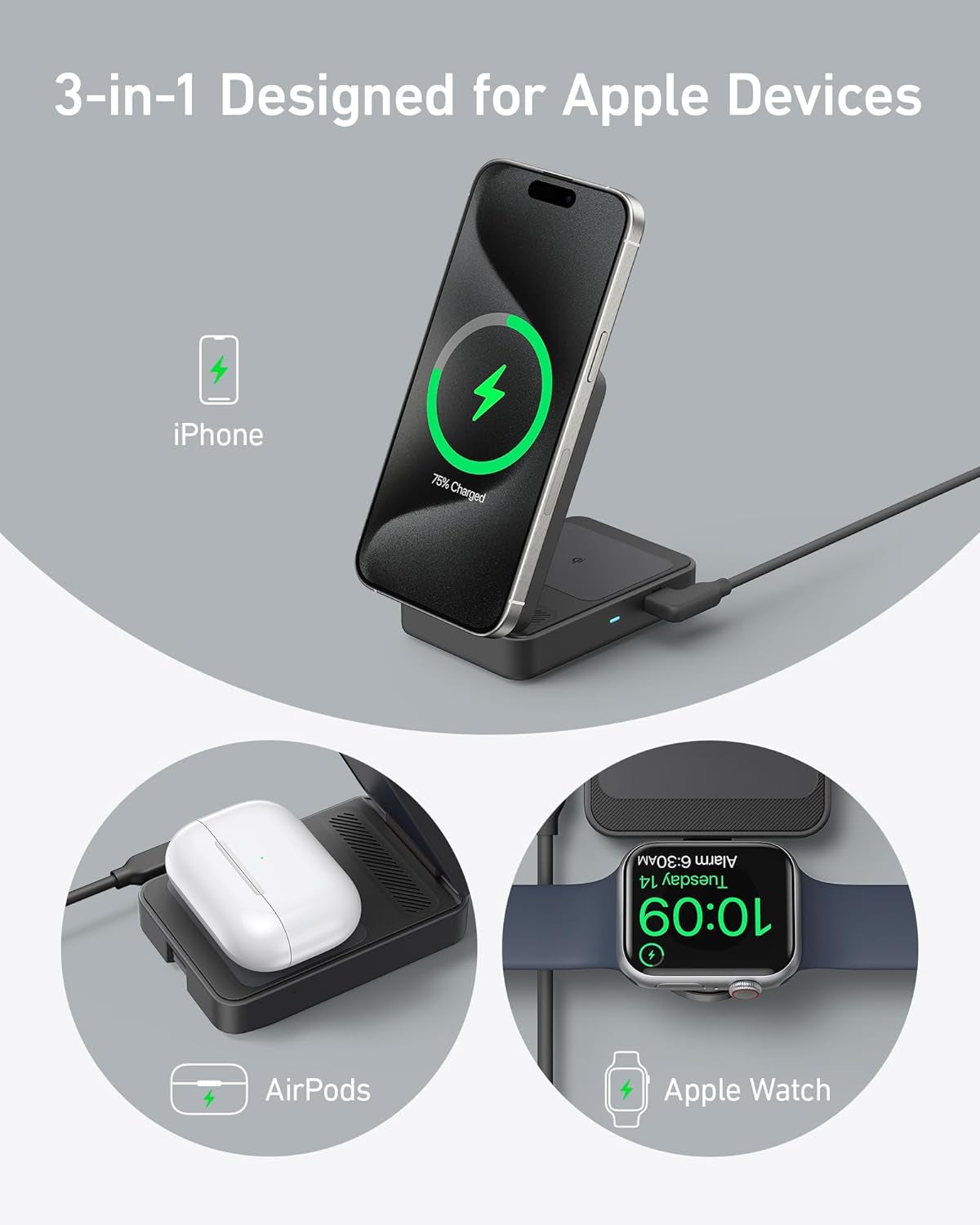 Maggo 3 in 1 Iphone 17 Charging Station, Magsafe-Compatible Wireless Charger Stand, Qi2 Certified 15W Foldable Charger for Iphone 17/16/15/14/13/12, Airpods, Apple Watch Ultra(Adapter Included)