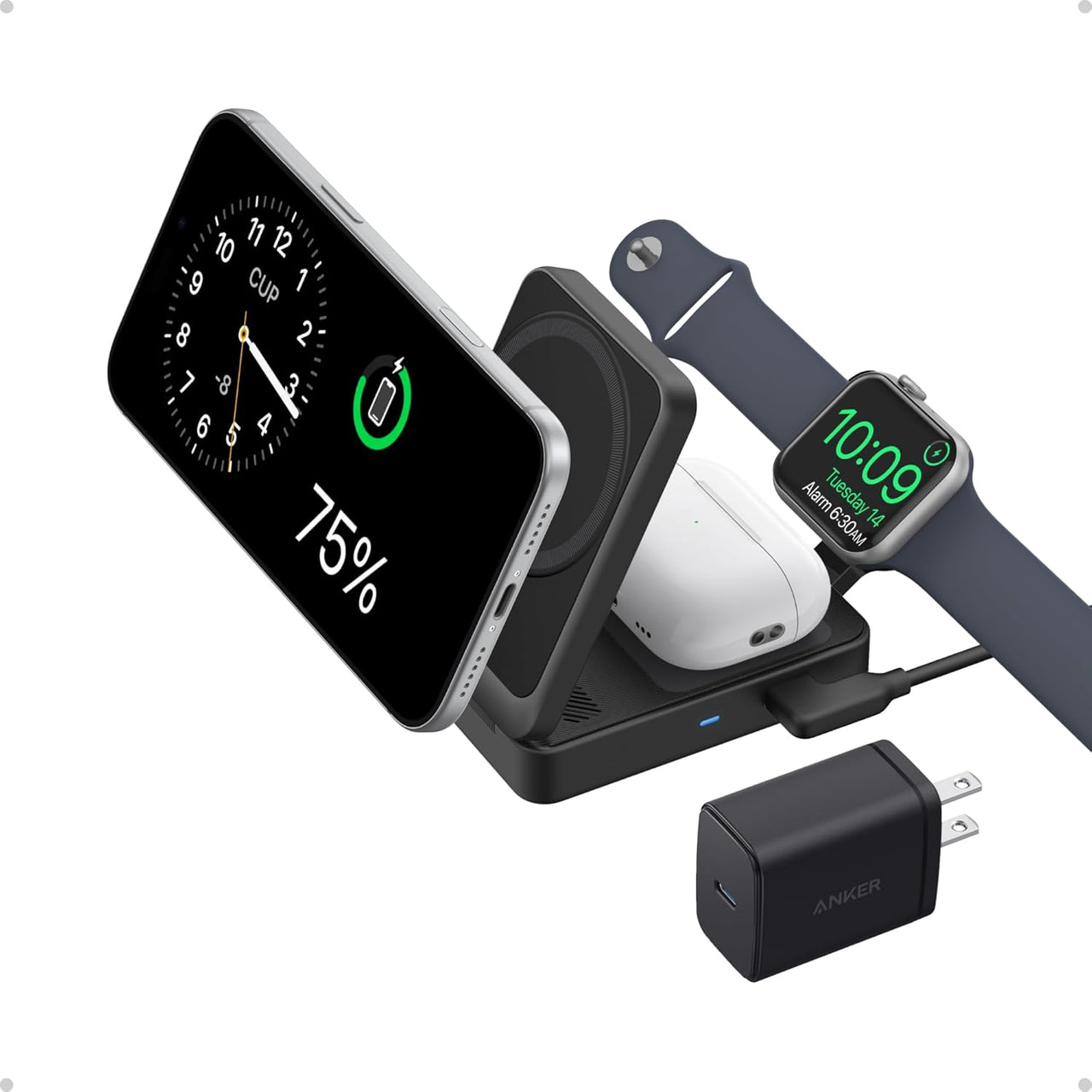 Maggo 3 in 1 Iphone 17 Charging Station, Magsafe-Compatible Wireless Charger Stand, Qi2 Certified 15W Foldable Charger for Iphone 17/16/15/14/13/12, Airpods, Apple Watch Ultra(Adapter Included)