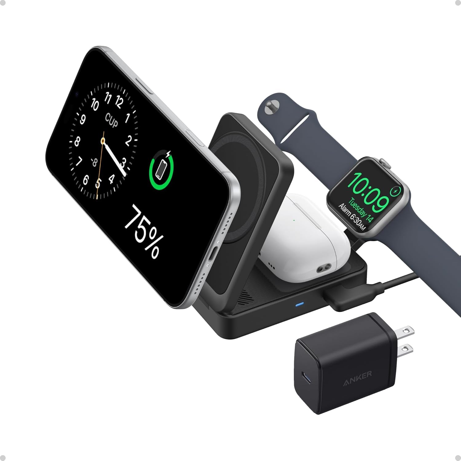 Maggo 3 in 1 Iphone 17 Charging Station, Magsafe-Compatible Wireless Charger Stand, Qi2 Certified 15W Foldable Charger for Iphone 17/16/15/14/13/12, Airpods, Apple Watch Ultra(Adapter Included)