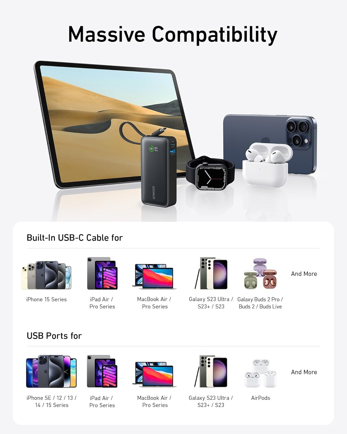 Nano Power Bank, 10,000Mah Portable Charger with Built-In USB-C Cable, 30W Recharging, 30W Max Output with USB-C&A, for Iphone 17/16 / 15 Series, Macbook, Galaxy, Airpods, and More