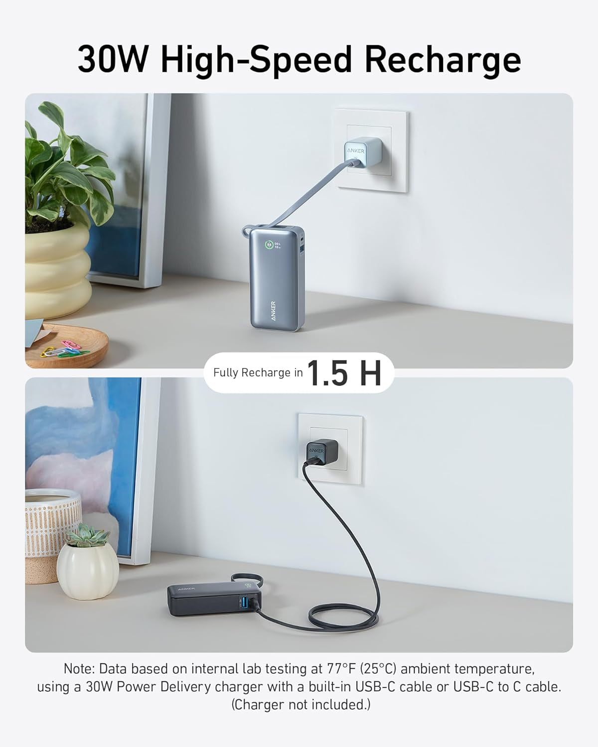 Nano Power Bank, 10,000Mah Portable Charger with Built-In USB-C Cable, 30W Recharging, 30W Max Output with USB-C&A, for Iphone 17/16 / 15 Series, Macbook, Galaxy, Airpods, and More