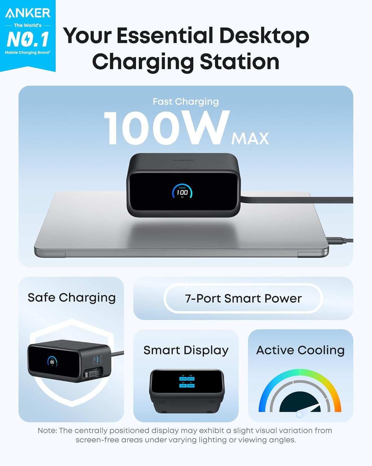 Nano Charging Station, 100W 7-In-1 Power Strip, 2.3Ft Instacord Retractable Cable, Gaming Desk Accessories for Multiple Devices, 3 AC, 3 USB C, 1 USB A, Macbook Charger, Home Office(Non-Battery)