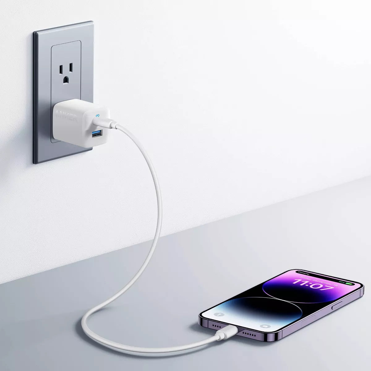 Anker 2 Port 33W Wall Charger with 6' USB-C to USB-C Cable - White: Quick Charge, 9V Output