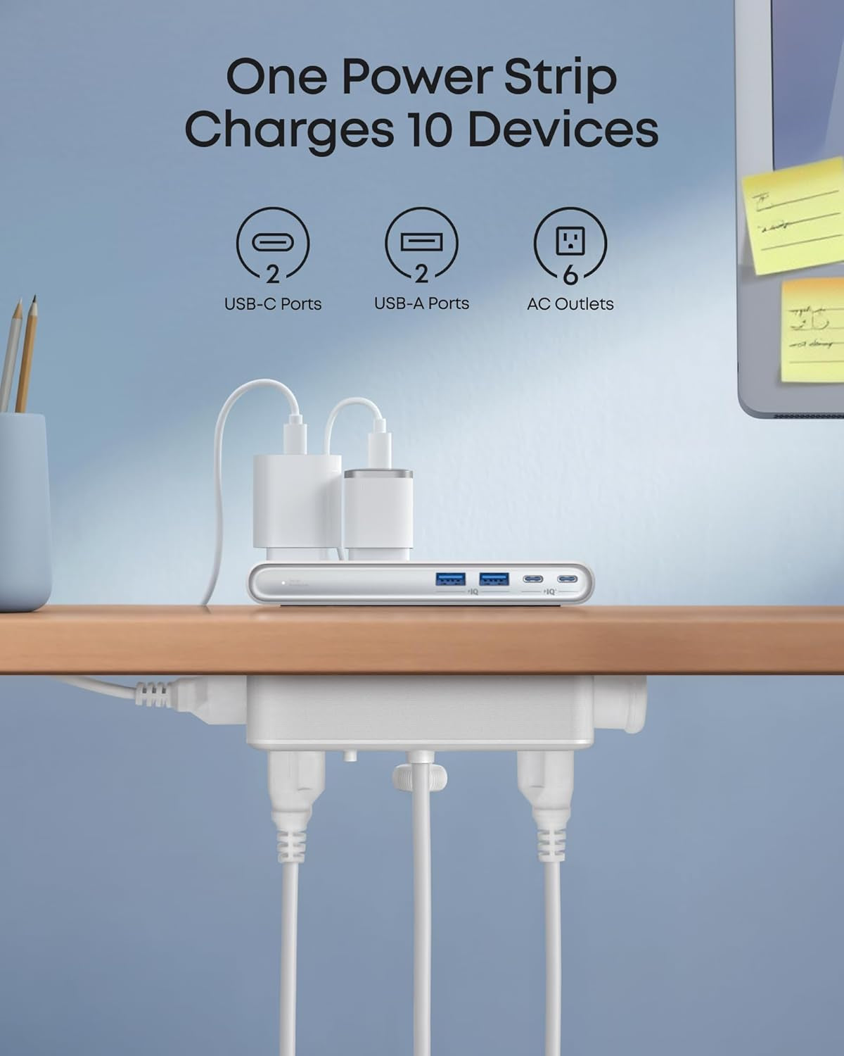 Nano Power Strip, Desk Clamp with 1500J Surge Protector, 5Ft Extension Cord, 70W Max Gaming Desk Accessories, 6 AC, 2 USB A, 2 USB C, Home Office Essentials, Fit 0.6~1.8'' Tabletop Edge