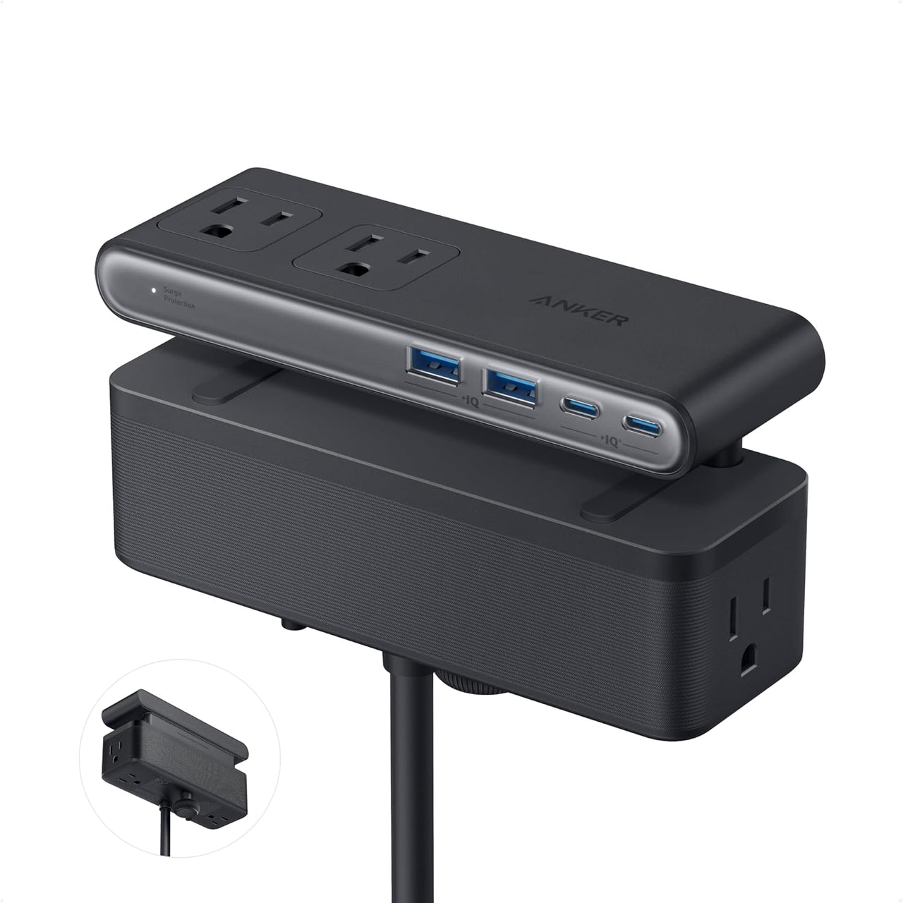 Nano Power Strip, Desk Clamp with 1500J Surge Protector, 5Ft Extension Cord, 70W Max Gaming Desk Accessories, 6 AC, 2 USB A, 2 USB C, Home Office Essentials, Fit 0.6~1.8'' Tabletop Edge