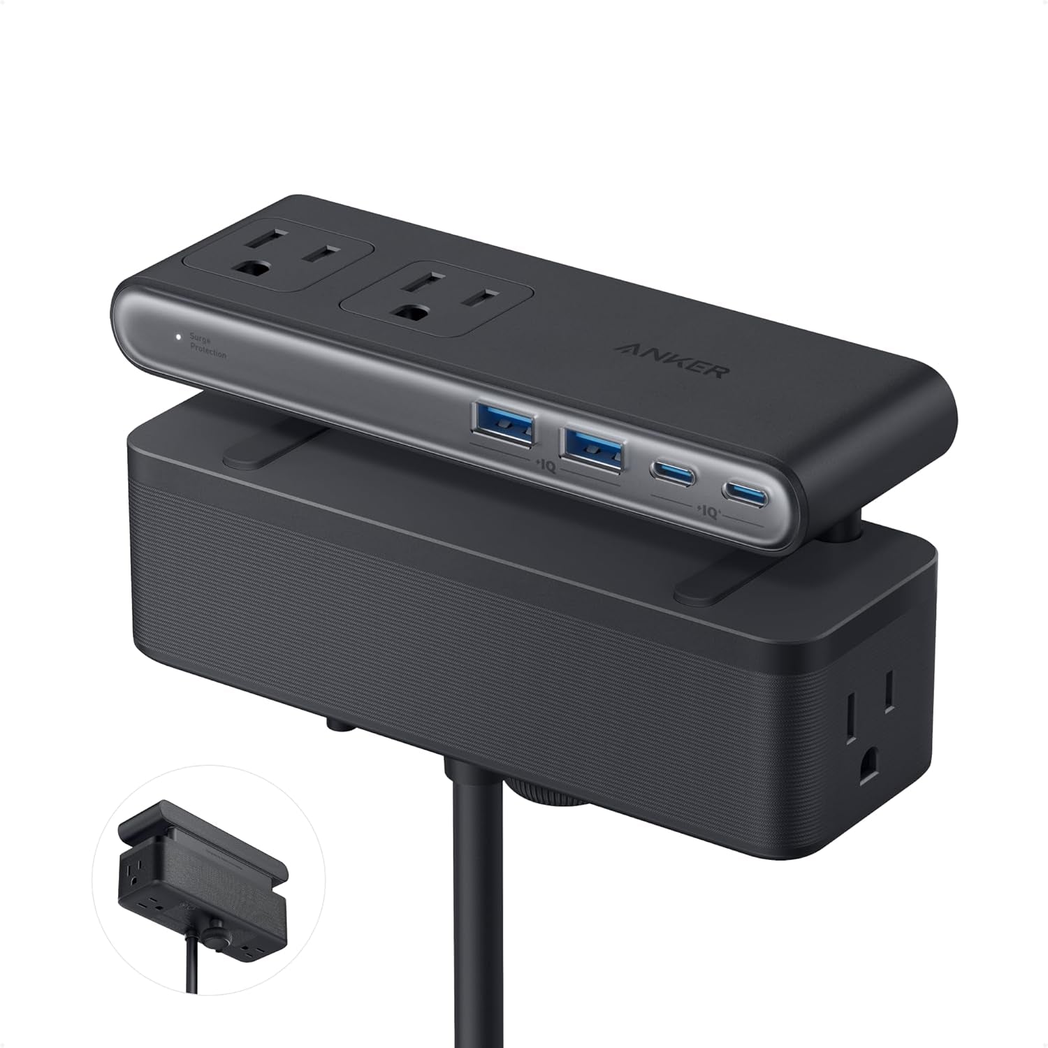 Nano Power Strip, Desk Clamp with 1500J Surge Protector, 5Ft Extension Cord, 70W Max Gaming Desk Accessories, 6 AC, 2 USB A, 2 USB C, Home Office Essentials, Fit 0.6~1.8'' Tabletop Edge