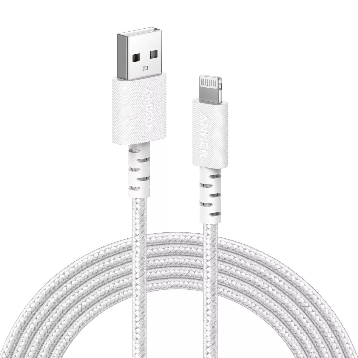 Anker 10' Braided Lightning to USB-A Charging Cable - White: Male-To-Female Connector.