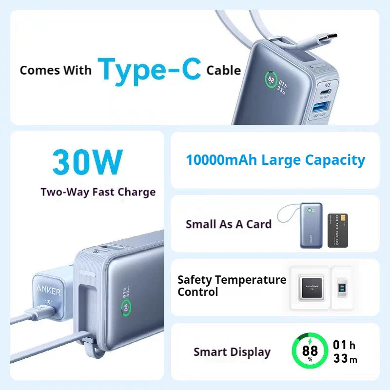 ANKER Nano 10000Mah Power Bank 30W PD Fast Charge with Type C Cable Portable External Battery Mobile Powerbank for Iphone16