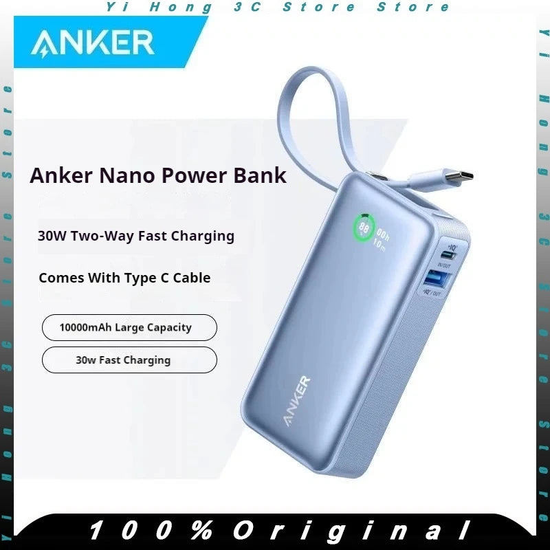 ANKER Nano 10000Mah Power Bank 30W PD Fast Charge with Type C Cable Portable External Battery Mobile Powerbank for Iphone16